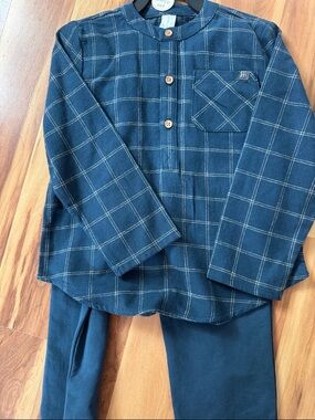 Boys Navy Windowpane Button Henley Top and Pants